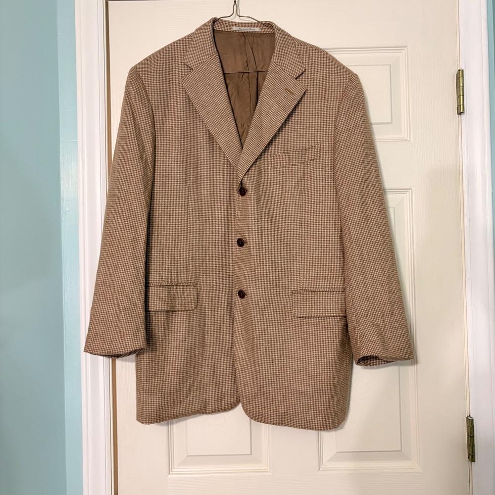 Canali Beecroft & Bull Mens 52R Wool Cashmere Silk Houndstooth Blazer Italy Tan
